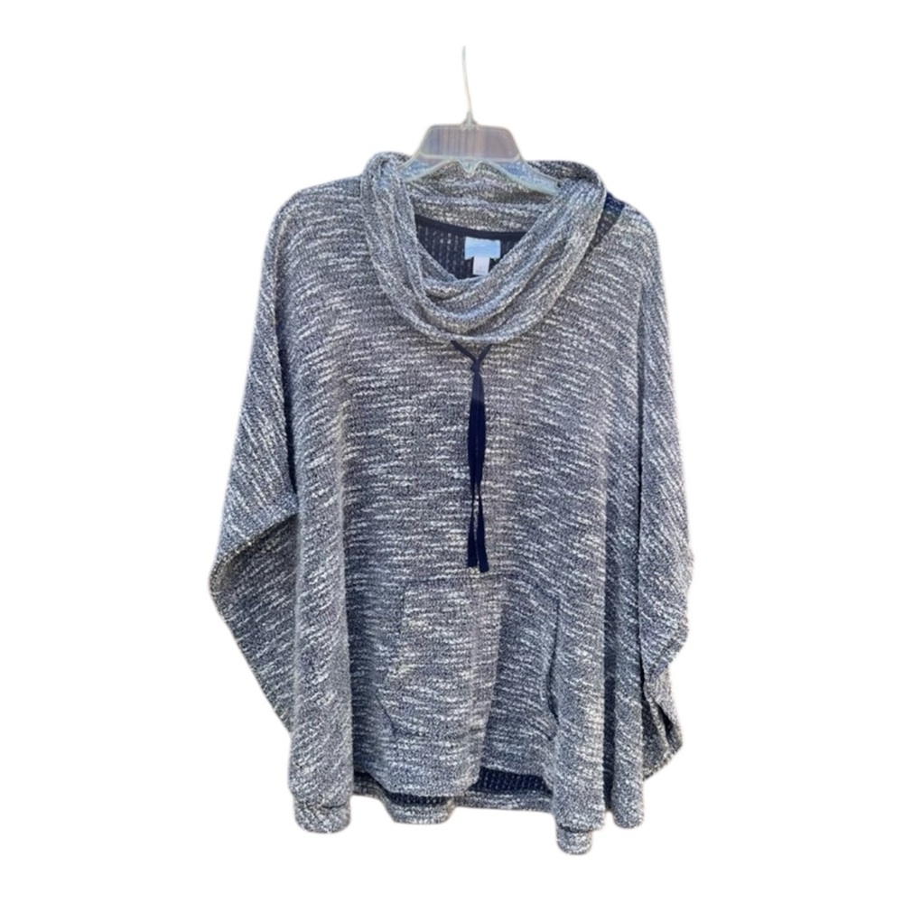 Sunday Women’s Drawstring Cowl Neck Navy Blue Poncho Sweater SZ L